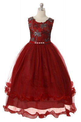 Girls Dress Style 1042 - Sleeveless Dress with Floral Applique and Ruffle Hem in Navy or Burgundy
